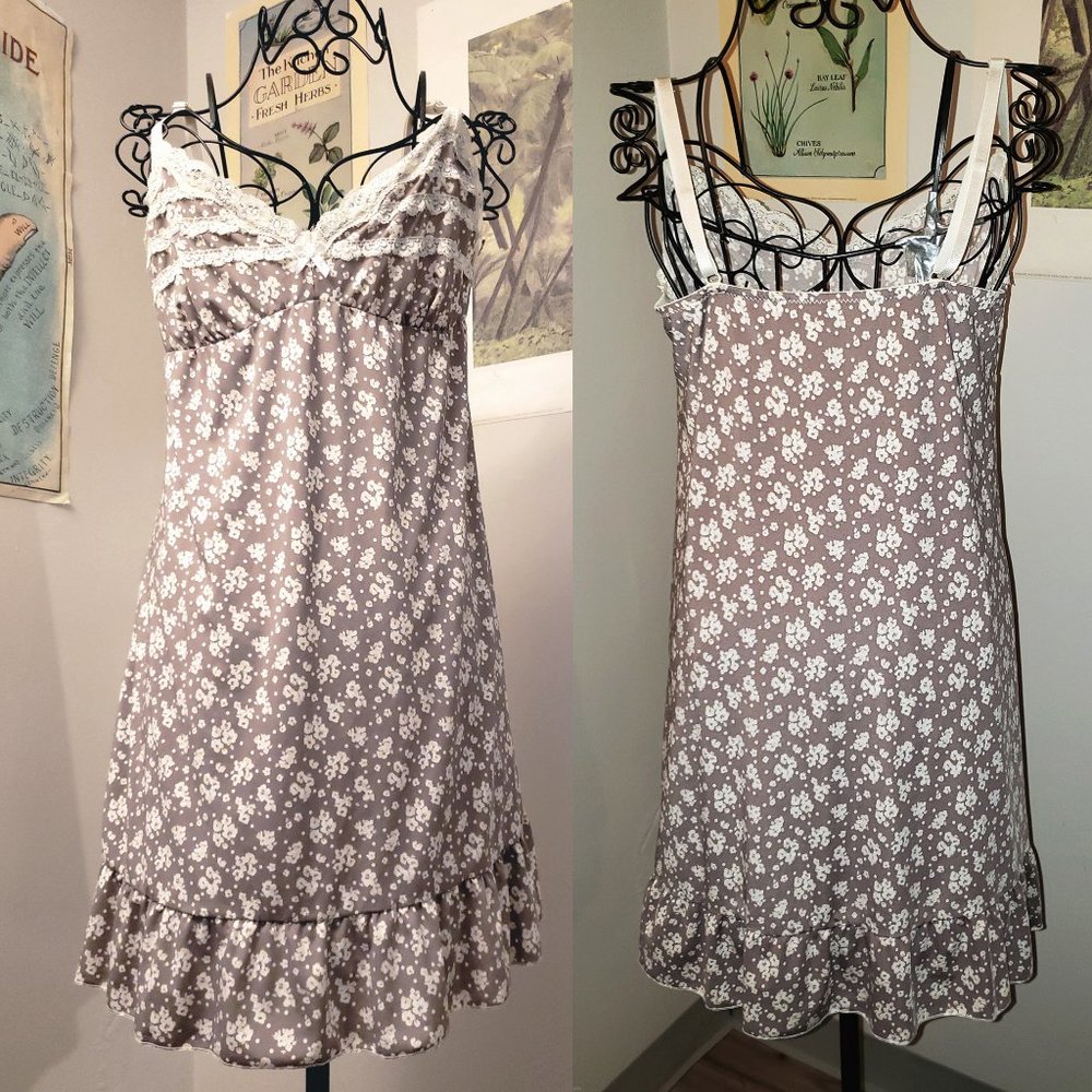 White Lace Floral Print Short Lacey Boho Slipdress Taupe Cottagecore S